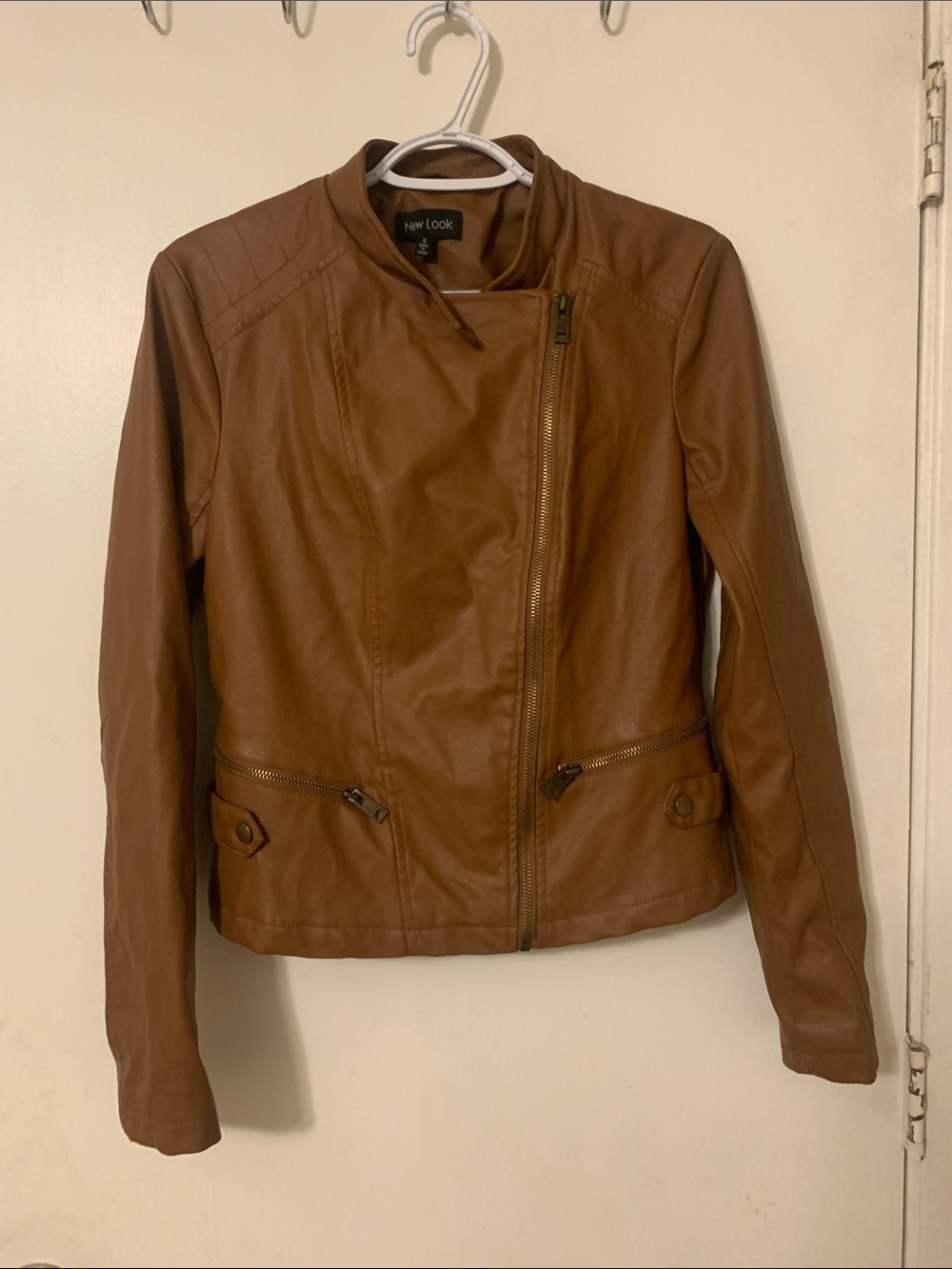 New Look Women's Tan Faux Leather Asymmetrical Zip Jacket